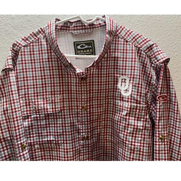 Drake Clothing Company Men's XL OU Logo Plaid Long Sleeve Fishing Shirt Red Gray - Picture 3 of 12